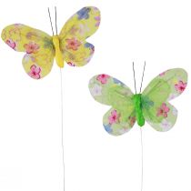 gjenstander Dekorative sommerfugler på tråd gulgrønne blomster 6×9cm 12stk