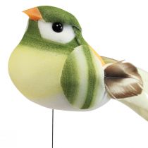 gjenstander Fjærfugl på tråd dekorativ fugl med fjær grønn oransje 4cm 12stk