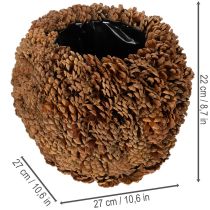 gjenstander Dekorativ blomsterkasse med kongler, naturlig utseende, 27 cm. Rund konglepotte, naturbrun, laget av kongler, 27 cm x 22 cm.
