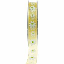 Organzabånd gule blomster 15mm stoffbånd dekorativt bånd sommerdekorasjon 20m