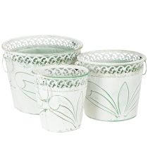 gjenstander Preget metallplantekasse med håndtak, hvit og grønn, shabby chic-stil, H22/19,5/17,5 cm, Ø25,5/20,5/15,5 cm, sett med 3 stk.