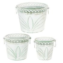 gjenstander Preget metallplantekasse med håndtak, hvit og grønn, shabby chic-stil, H22/19,5/17,5 cm, Ø25,5/20,5/15,5 cm, sett med 3 stk.
