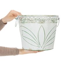 gjenstander Preget metallplantekasse med håndtak, hvit og grønn, shabby chic-stil, H22/19,5/17,5 cm, Ø25,5/20,5/15,5 cm, sett med 3 stk.