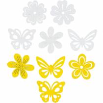 Blomster og sommerfugler for å drysse gul, hvitt tre dryss dekorasjon vår dekorasjon 72stk