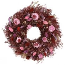 gjenstander Blomsterkrans, tørket blomsterkrans, vinrød, rosa, Ø25 cm