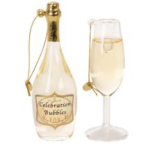 gjenstander Anhengsett med champagneflaske og champagneglass, juletrepynt, 14 cm, 2 stk.
