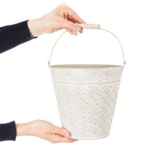gjenstander Dekorativ bøtte, hvitkalket, med håndtak, Ø20,5 cm, dekorasjon i metallpotte