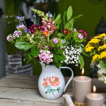 Dekorativ kanne, blomstervase vintage look, emaljemugge med rosemotiv H19cm