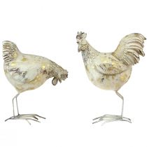 gjenstander Dekorative Kyllinger Hvitt Gull Hane Høne Vintage L13cm 2stk