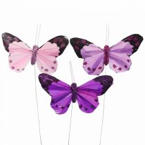 Deco sommerfugl på trådfjær sommerfugler lilla/rosa 9,5cm 12stk