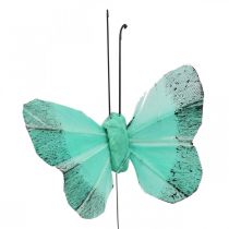 Deco sommerfugl på trådgrønn, blå 5-6cm 24p