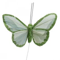 Dekorative sommerfugler grønne fjærsommerfugler på wire 10cm 12stk