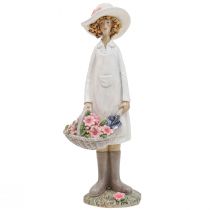 gjenstander Dekorative figurer gartner dekorasjon kvinne med blomster hvit rosa H21cm