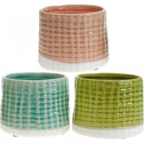 Dekorative potter med kurvmønster, plantekasse, keramisk plantepotte mint/grønn/rosa Ø13cm 3stk