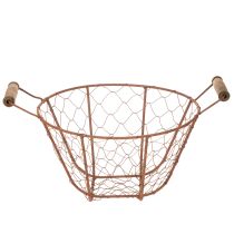 gjenstander Vintage rund trådkurv med trehåndtak, metallkurv, rustfinish, Ø22 cm