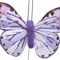 Fjær sommerfugl metalltråd rosa, lilla 7cm 12 s