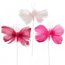 Fjærsommerfugler rosa / rosa / røde, dekorative sommerfugler på en ledning 6stk
