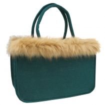 Filtpose med pelskant grønn 38cm x 24cm x 20cm