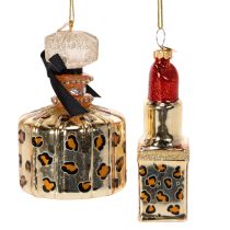 gjenstander Juletre-pynt: parfymeflaske og leppestift med leopardtrykk, 11 cm, 2 stk.