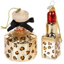 gjenstander Juletre-pynt: parfymeflaske og leppestift med leopardtrykk, 11 cm, 2 stk.