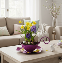 gjenstander Dekorativ tekopp i metall på tallerken, lilla, Ø11,5 cm, H8 cm, 2 stk.