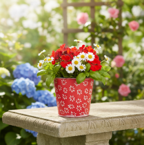 gjenstander Rød og hvit mini-blomsterpotte, blomsterdesign, metall, Ø10,5 cm H10,5 cm