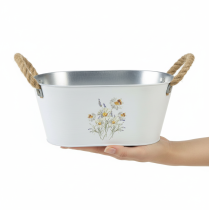 gjenstander Dekorativ oval metallskål, hvit, naturlig blomsterdekor, L26 cm