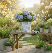 gjenstander Liten metallblomsterpotte/plantepotte til hortensia, Ø17,5 cm H16 cm