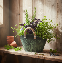 gjenstander Blomsterpotte med håndtak, veske, metall, jute, 19 × 13,5 × 13,5 cm