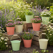 gjenstander Bøtte med håndtak, blomsterkasse, pastellfarget metall, Ø10 cm H8 cm, 10 stk.