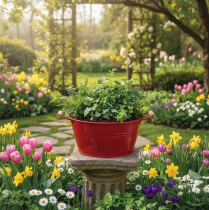 gjenstander Dekorativ skål med håndtak, blomsterskål i metall, rød, Ø29 cm, H14,5 cm