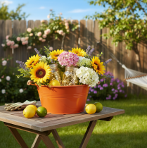 gjenstander Dekorativ bolle med håndtak, metall, oransjebrun, Ø29 cm, H14,5 cm