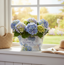 gjenstander Blomsterskål med håndtak, hortensia-design, metall, 26 × 13 × 14,5 cm