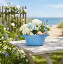 gjenstander Dekorativ skål/plantekasse, blått metall, shabby chic-dekor, Ø17 cm, H8,5 cm