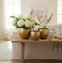 gjenstander Dekorative vaser i messinglook i metall Ø18/15/12,5 cm, sett med 3