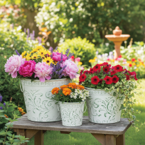gjenstander Metallpotter med håndtak, blomsterkasser med preging, hvit, grønn, shabby chic, H20,5/18,5/16 cm, Ø25,5/20,5/15,5 cm, sett med 3