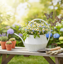 gjenstander Dekorativ vannkanne hvit vintage metall blomsterpotte med rille 25 cm