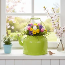 gjenstander Dekorativ tekanne i metall, eplegrønn - blomsterpotte - Ø20 cm H15 cm - allsidig hagedekorasjon og gaveidé