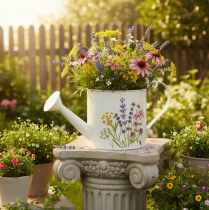gjenstander Hvit metallvannkanne med blomstermotiv, 13,5 cm, dekorativ blomsterpotte