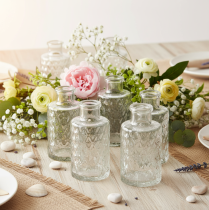 gjenstander Mini glassvase med diamantmønster, liten bordvase, flaske, gjennomsiktig, 9 cm, 6 stk.
