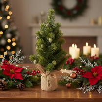 gjenstander Kunstig juletre i jutepose, liten borddekorasjon, mini juletre, 38 cm
