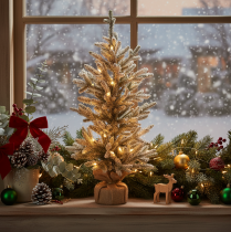 gjenstander Kunstig juletre med snø i jutepose, 40 LED-lys, til innendørs bruk, 85 cm