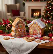 gjenstander Juleboks, kakeboks, juletre og hus, pepperkakeutseende, 14 cm, 2 stk.