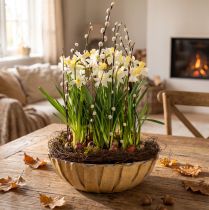 gjenstander Rund blomsterkasse, blomsterdekorasjon, plastbolle, beholder til arrangementer, grønn, hvit marmorert, H8,5 cm, Ø30 cm