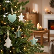 gjenstander Juletre tre anheng sett, hjerte-tre-stjerne, mint-grønn-hvit, 4,5 cm, 9 deler - juledekorasjon