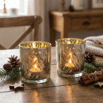 gjenstander Telysholder i glass med fugle- og snøfnuggmotiv, 8 cm, 2 stk.