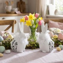 gjenstander Keramisk Kanin Hvit Sittende Blomster Fjær 9×7×14cm 2stk
