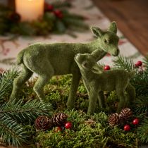 gjenstander Hjort dekorative figurer Julegrønn flokket hjort med fawn i sett H9/5,5cm 4 stk.