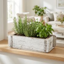 gjenstander Mursteinsform, murboks, treboks med metallbeslag antikk finish, hvitvasket L32cm H9cm