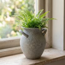 gjenstander Dekorativ vase med håndtak vintage plantekasse metall grå H13cm